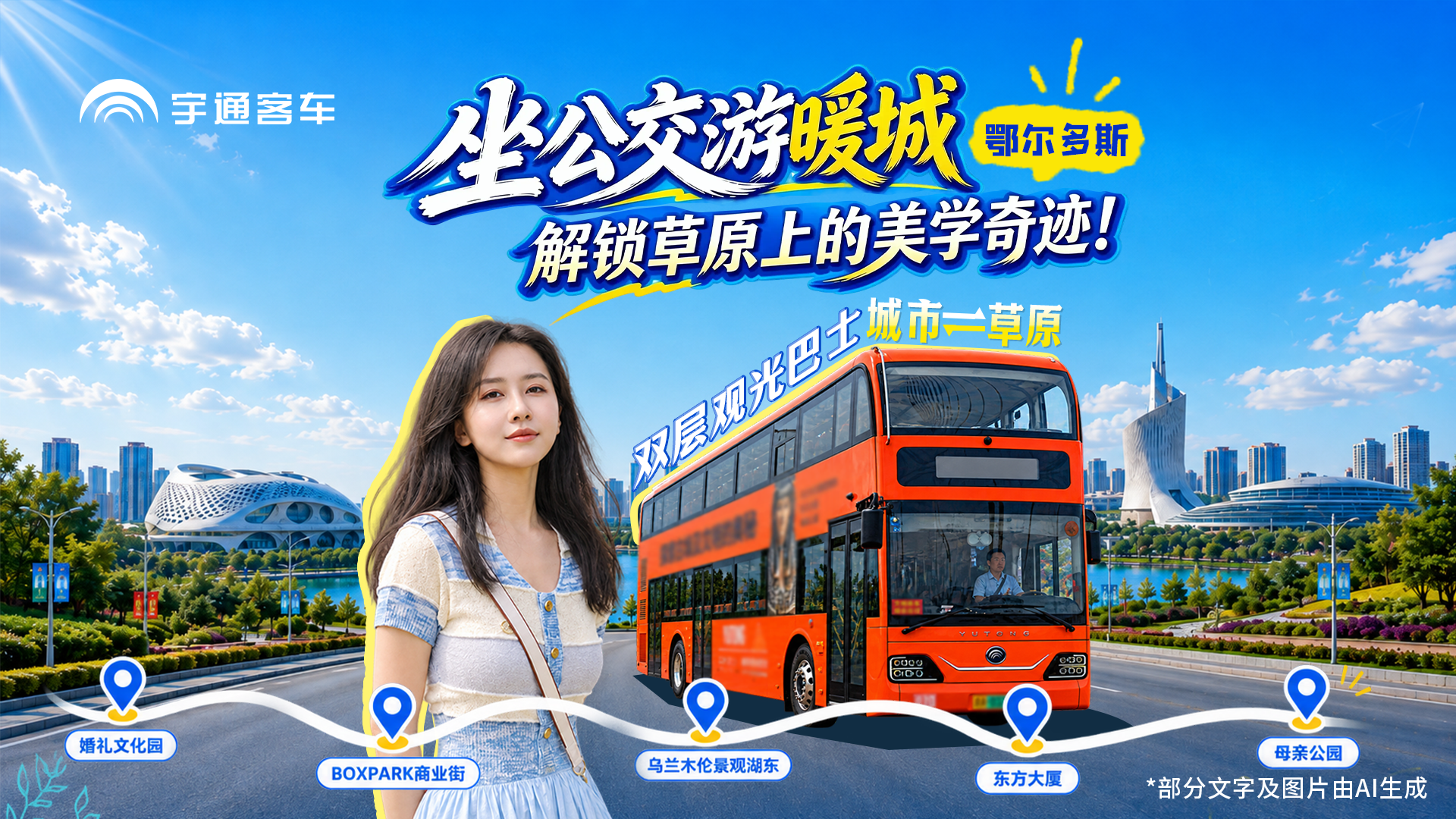 鄂尔多斯旅游旅行新选择！乘双层巴士周游暖城，，，，，，邂逅流动的草原美学。。。。。。车辆即景点、出行即体验，，，，，，解锁一场都会与野外交织的视觉之旅。。。。。。
